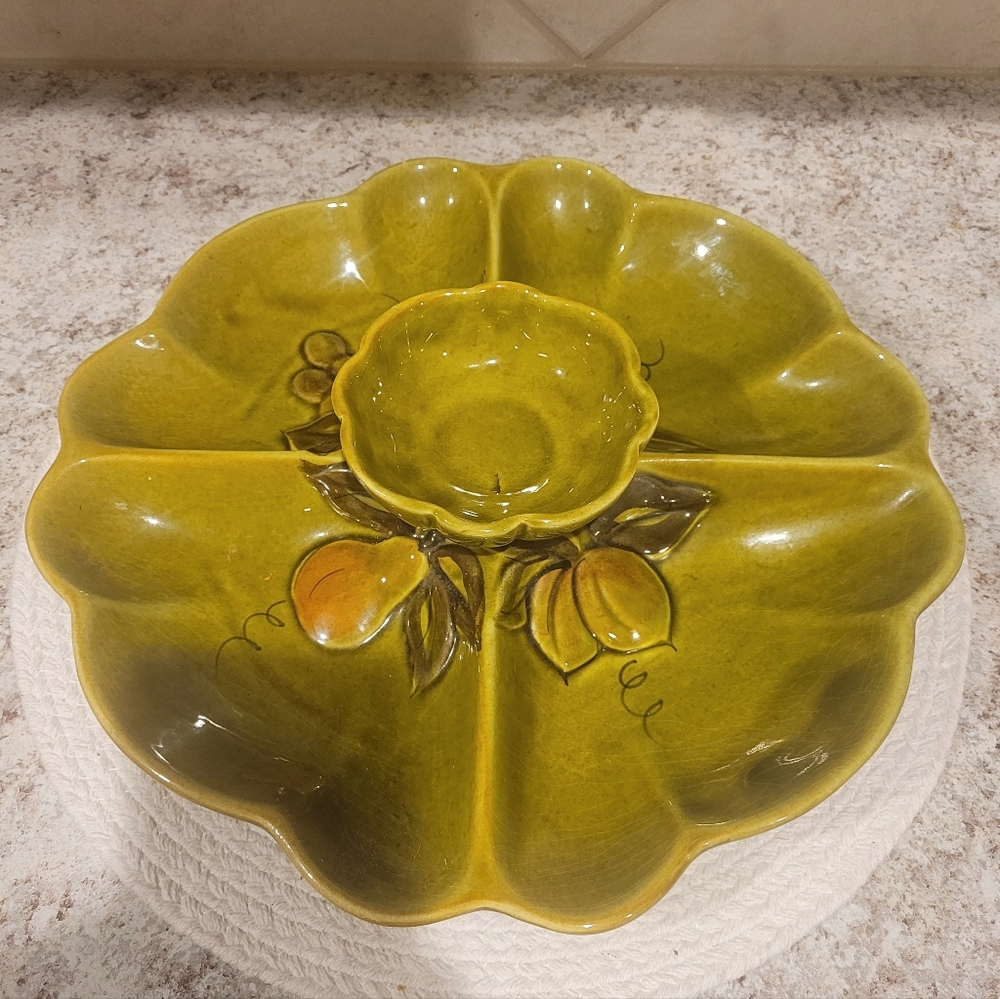 Vintage Los Angeles Potteries  Olive Green Ceramic Serving Platter Fruit Design